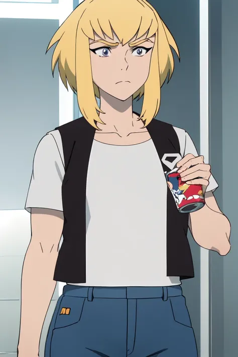  a girl, Alone , Kara Zor-El,  a girl, Alone ,   short hair, shirt,   closed mouth  ,   collarbone, vest, thick eyebrows, open black vest, animification, (  coloring anime  :1.2),   beautiful detailed eyes  , jeans