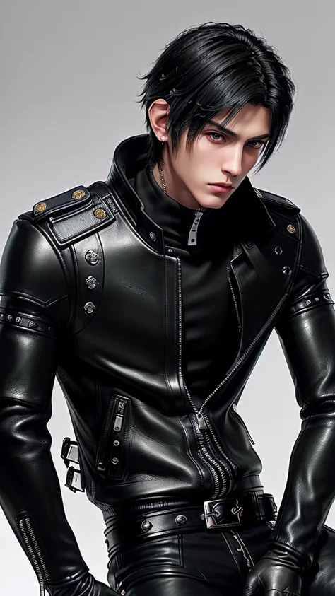 ((Final fantasy taste and reality graphics)), ((Japanese young cute and cool ikemen  boy)), his age is early 20s, thin eyebrows and beady eyes,, (((((boy wearing black color thick leather and single-brest double zipper jacket))))), ,(((((jacket is volumino...