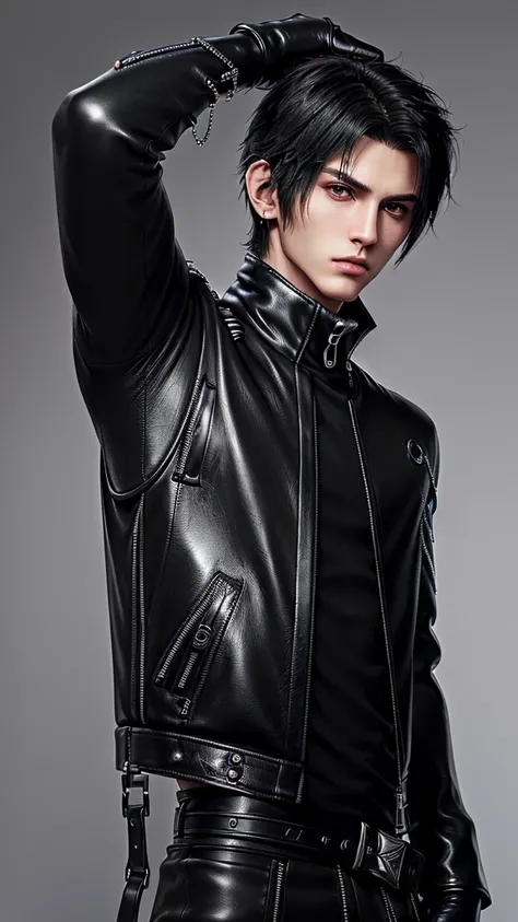 ((Final fantasy taste and reality graphics)), ((Japanese young cute and cool ikemen  boy)), his age is early 20s, thin eyebrows and beady eyes,, (((((boy wearing black color thick leather and single-brest double zipper jacket))))), ,(((((jacket is volumino...