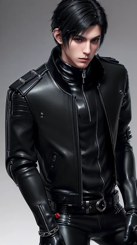 ((Final fantasy taste and reality graphics)), ((Japanese young cute and cool ikemen  boy)), his age is early 20s, thin eyebrows and beady eyes,, (((((boy wearing black color thick leather and single-brest double zipper jacket))))), ,(((((jacket is volumino...