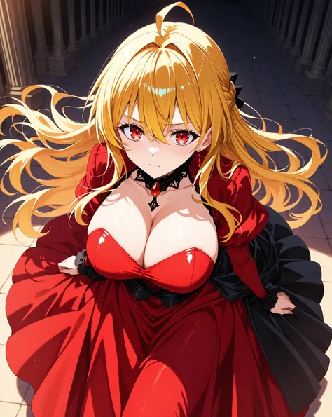  18 year old girl, anime princess, princess, long red-based dress with black details,Golden hair,big breasts, wavy golden hair, red eyes Alta resolución,Sonrisa. 