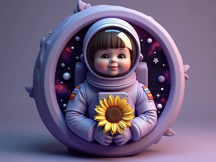 Create a hyperrealistic 3D representation of a text   "mercedes"  text designed as a sculptural piece . The text must be made of a soft ,  round and vibrant purple material,  with subtle decorative engravings .  An astronaut is adorned with large ,  round,...