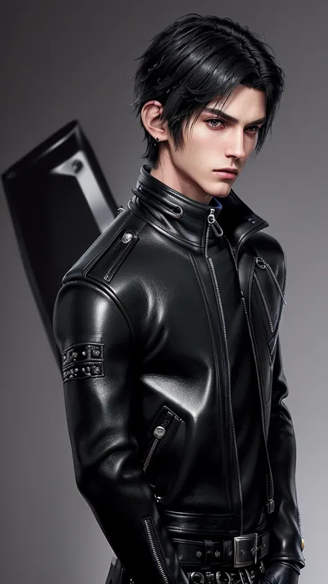 ((Final fantasy taste and reality graphics)), ((Japanese young cute and cool ikemen  boy)), his age is early 20s, thin eyebrows and beady eyes,, (((((boy wearing black color thick leather and single-brest double zipper jacket))))), ,(((((jacket is volumino...