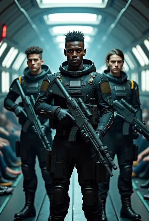 Create a cover photo for a space opera book with three young black futuristic soldiers holding huge guns staring at us one of them is female. They are in a dark lit smoky  room filled with people in stasis sleep pods hooked to cables. 