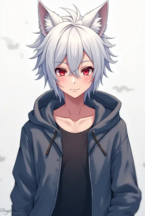 Anime cartoon male character white hair red eyes wolf ears Naruto hoodie 
Bottom half of the body.