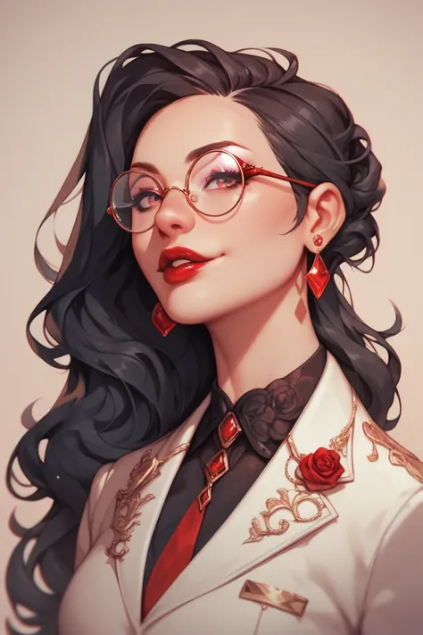 Adult black-haired woman, elegant, Wear a dark-colored suit , Wear round glasses with red lenses, wear earrings,  she wears red lipstick 