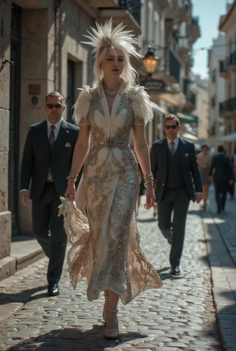  Beautiful white stork leader of a Portuguese mafia dressed in an elegant dress of an empowered queen walking through the streets of Portugal in the company of a man who is accompanying her ,very detailed clothing perfect Mafia of Portugal , clothing that ...