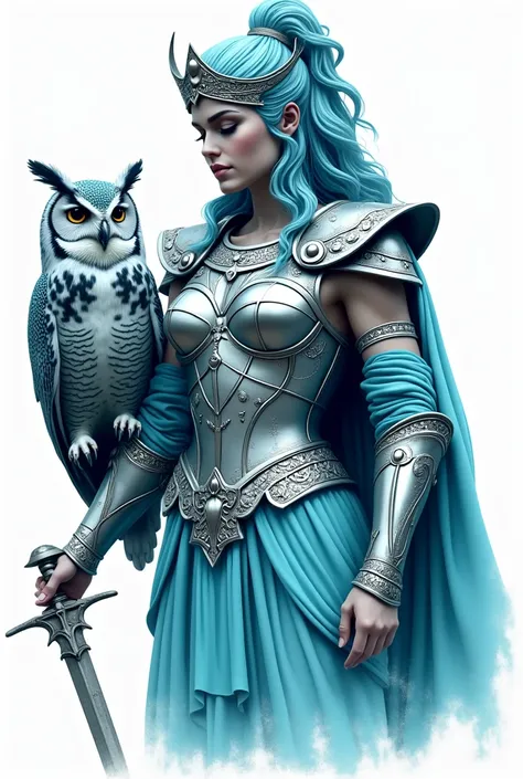  Make a logo with Athena in armor ,  using turquoise blue as the main color .  The owl should be close to her ,  symbolizing wisdom . Use silver metallic details to highlight Athena.  The name of the promotion must be in an elegant typeface , complementing...