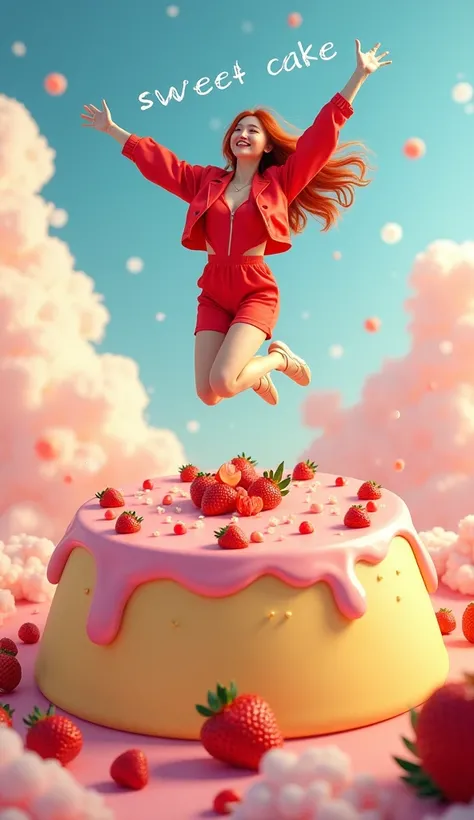  Potoshot a smiling Korean woman jumps on a giant fruit pudding,dress in red color,long-haired red ombre,cloud background ,  has written "sweet qkae ",lots of fruit 