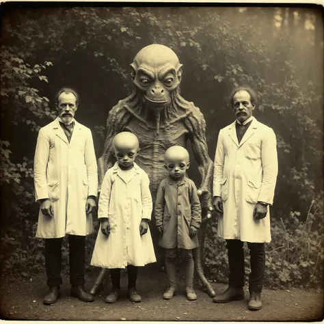 Daguerreotype photo. Scientists in white lab coats pose outside with a a short grey alien with large black eyes, and a tall grey alien with large black eyes. Photo realistic