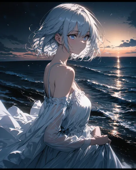  best quality, Super Fine, 16k,  INCREDIBLE HIGH DEFINITION,  extremely detailed outdoors,   staring into the distance、Night sea(Spectacular views:1.1)、wind effect、 white dress 、 side angle、 beautiful girl、The eyes are sharp and big、 I have short hair