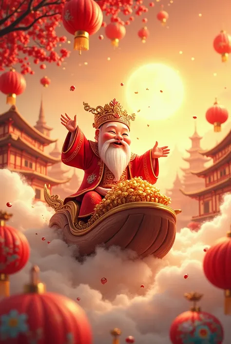 "Spring Festival Greeting Card，cartoon style， Q version of the god of fortune driving golden clouds ， scatter gold treasures and candies ， The background is a vintage town filled with red lanterns，Fireworks bloom in the distance ， Detailed embroidered text...