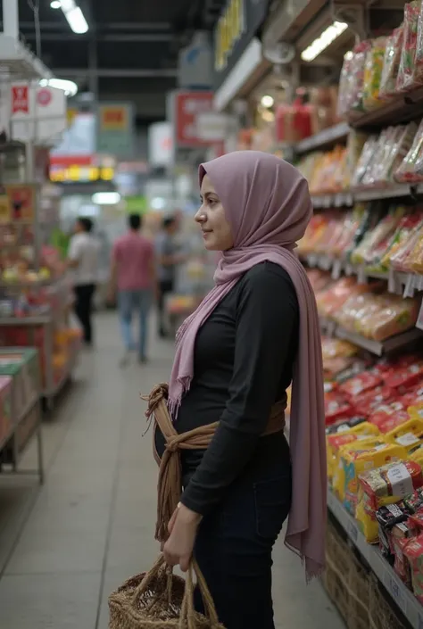 Photo of a 7-month pregnant Malaysian woman in hijab shopping in a market