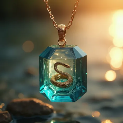 a serene sea inside a delicate necklace sapphire crystal octagonal pendant , a golden ring snake within, warm sunlight casting a golden glow on the glass, soft focus, gentle bokeh, peaceful atmosphere
