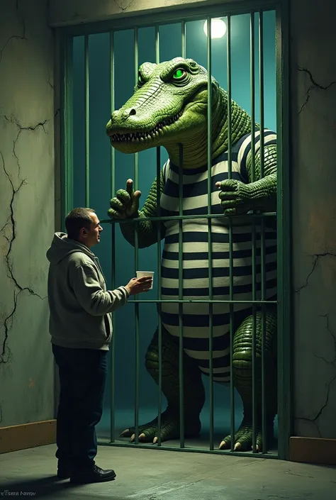 A giant crocodile-like prisoner stands behind prison bars, twice the size of a human, with its muscular body covered in a striped prisoner suit. It stands upright on its hind legs, one hand gripping the bars tightly as if testing their strength. Its glowin...