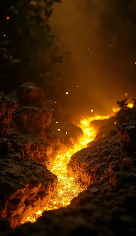 A scene with a dark background ,  where golden flashes shine dimly .  These flashes arise from a crack in rocks or vegetation , , suggesting that Atahualpa's gold is hidden and waiting to be discovered.