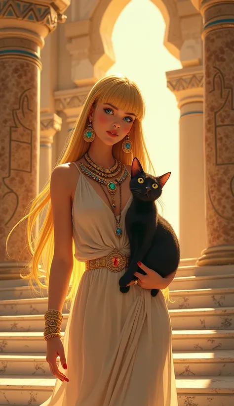 This stunning 2D anime-style fashion illustration features a charismatic Egyptian princess. She has long, smooth yellow hair and bangs, charming blue eyes, and fair skin. The princess wears an elegant Egyptian-inspired linen dress, adorned with a gold neck...