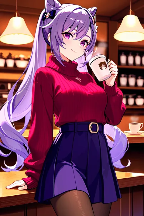 8k,masterpiece, best quality, ultra detailed, high resolution, super fine illustration,Keqing (Genshin impact), 1girl, solo, smile ,purple eyes, purple hair, cone hair bun, double bun, braided bangs, long hair, medium breasts, winter fashion outfit, sweate...