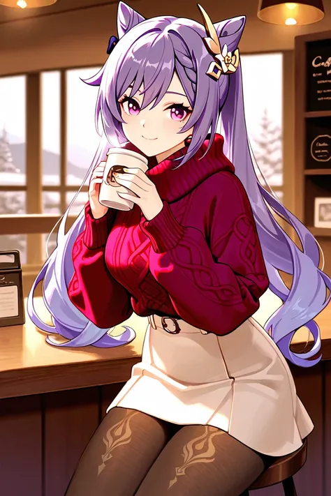 8k,masterpiece, best quality, ultra detailed, high resolution, super fine illustration,Keqing (Genshin impact), 1girl, solo, smile ,purple eyes, purple hair, cone hair bun, double bun, braided bangs, long hair, medium breasts, winter fashion outfit, sweate...