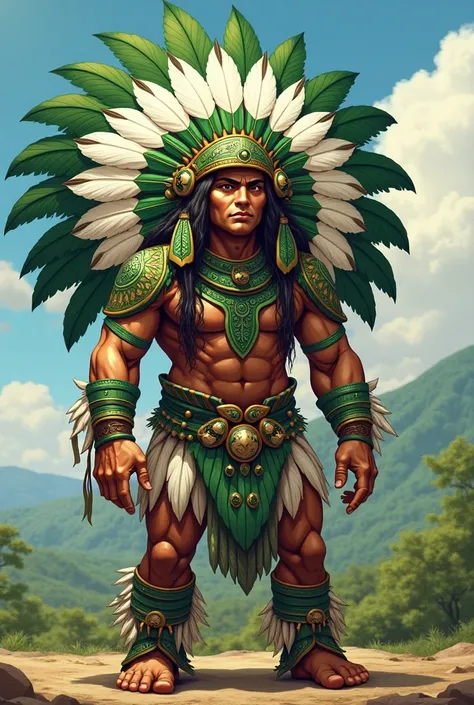 indigenous mascot wearing a green and white headdress