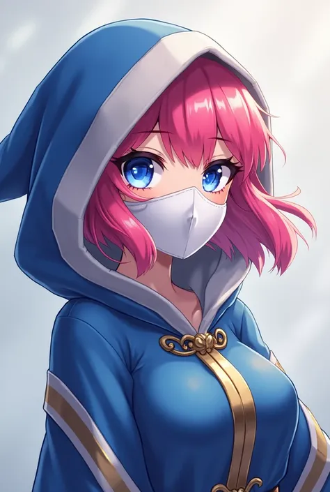 An anime girl who is in 22. She wears a white half mask that covers her mouth and nose. She is an assassin from the Mobile Legends Bang Bang. She wears an elegant blue robed hoodie with white and gold accents. Her hood has a white border collar at the end....