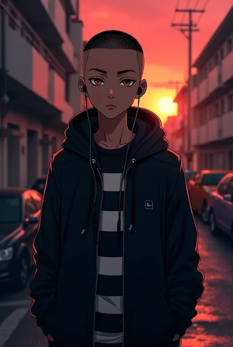 (Best quality, 8k, 32k, Masterpiece, UHD:1.2) dark skin boy with earphones and a hoodie listening to music, young anime man with an buzzcut hairstyle, buzzcut hair, inspired by Okumura Masanobu, inspired by Okumura Togyu, as an anime character,, black camo...