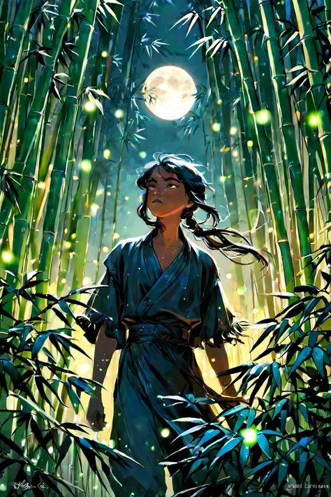 Silent Night, quiet bamboo forest, Bamboo leaves falling in the wind, Full moon in the sky, Fireflies flying. chico. man. Fluffy short black hair, Ojos Dorados , androgynous beak.  brown skin.  freckles on the face . delgado. Wearing Chinese tunics