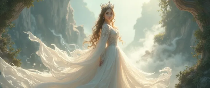 There is a woman in a white dress with a crown on her head, a Beautiful fantasy queen , ((Beautiful fantasy queen )),  a portrait of a princess ,  a work of art in the Guvez style . 5d cgi anime fantasy art, high quality detailed art 8k  