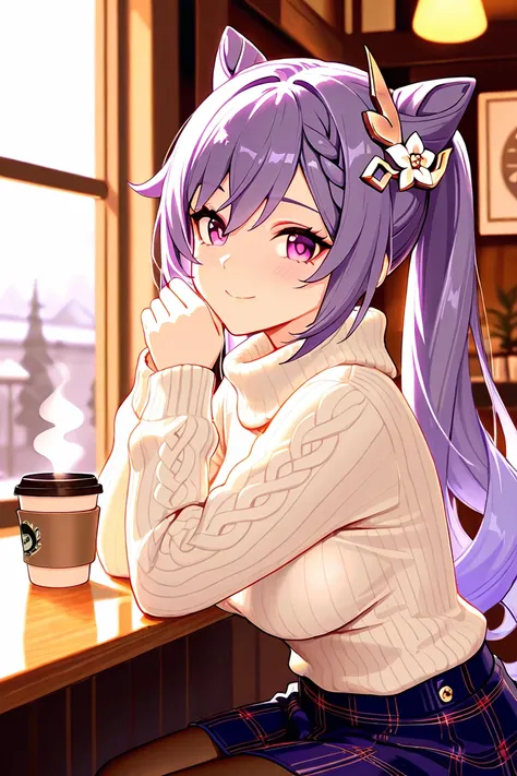 8k,masterpiece, best quality, ultra detailed, high resolution, super fine illustration,Keqing (Genshin impact), 1girl, solo, smile ,purple eyes, purple hair, cone hair bun, double bun, braided bangs, long hair, medium breasts, winter fashion outfit, sweate...