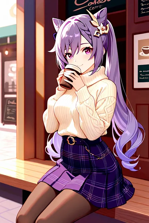 8k,masterpiece, best quality, ultra detailed, high resolution, super fine illustration,Keqing (Genshin impact), 1girl, solo, smile ,purple eyes, purple hair, cone hair bun, double bun, braided bangs, long hair, medium breasts, winter fashion outfit, sweate...