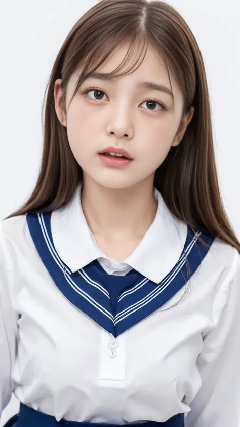 ( best quality:1.5), ( real :1.4), ( ultra high definition:1.4), (1idol girl ), (19-years-old idol girl), (very sad crying face with droopy eyes:1.2), (big breasts), (white school uniform blouse), (blue school uniform skirt), (light brown long hair with ba...