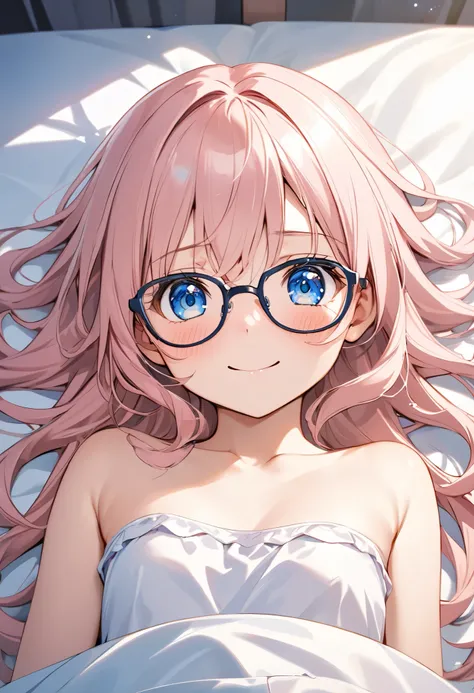 white panties ,topless ,Lying on your back ,Indoors, on the bed,Smile ,(embarrassed expression),glasses ,face close up,｛Elementary school students｝ ,light pink hair ,Looking up, from above,1 girl, solo, fine hair ,transparent hair, Very beautiful blue eyes...