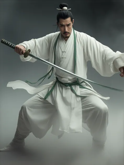 A powerful Chinese martial artist, muscular male body, wearing an elegant white silk outfit with jade green trims, holding a jade sword, striking a dynamic combat pose, cinematic lighting, detailed fabric texture, traditional Chinese setting.