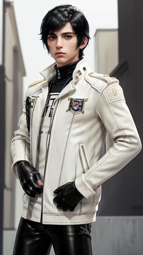 ((Final fantasy taste and reality graphics)), ((Japanese young cute and cool ikemen  boy)), his age is early 20s, thin eyebrows and beady eyes,, (((((boy wearing cream-white color thick leather and single-brest double zipper jacket))))), ,(((((jacket is vo...