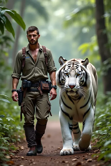 A handsome man is walking with a large white tiger facing the camera
