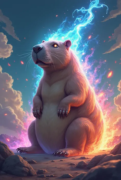 Make a capybara with a bunch of powers surrounding it. The powers have to be from anime 