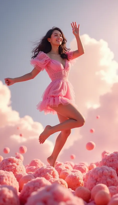 photoshoot there is a woman wearing a pink mini dress. smiling sweetly like sugar, jumping on top of fruit pudding, hair color ombre black parpel, background outside there are white clouds and lots of fruit flying and there is the writing SWEET QKAE lit up...