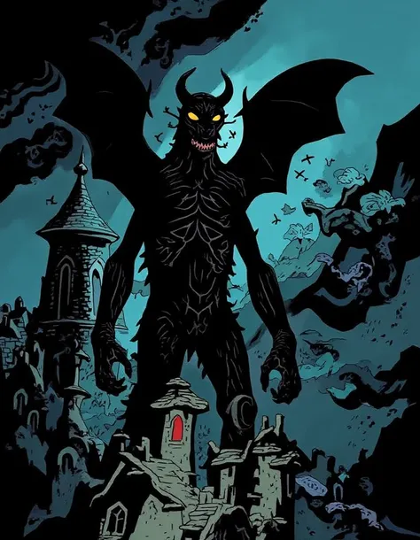 comic quality, cinematic shot, dynamic angles, breathtaking background, comic style, mike mignola style, gargoyle 