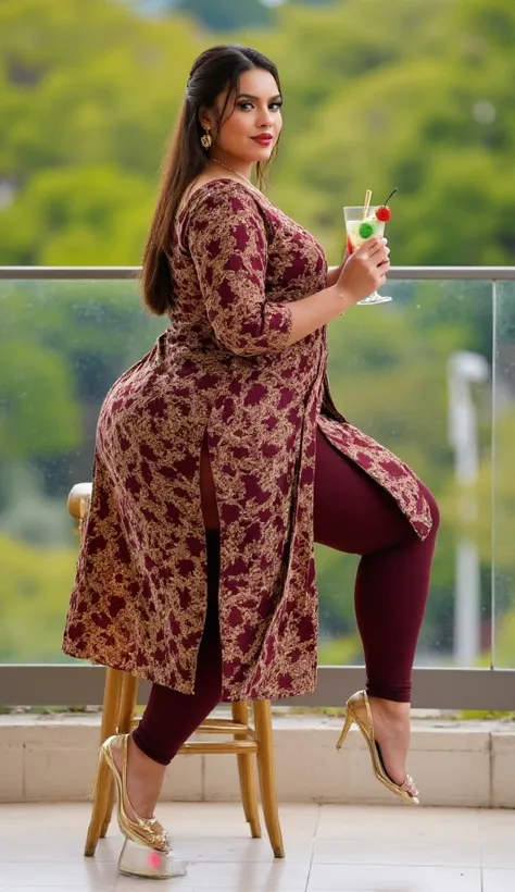 I am 40 year old plus size tall and big giant indian muslim women, looking like indian actress hansika motwani, wearing a A-Line Kurti paired with contrast leggings,golden nose rings,nose stud, anklet,hanging ear rings,long golden chain on neck,white-skin,...