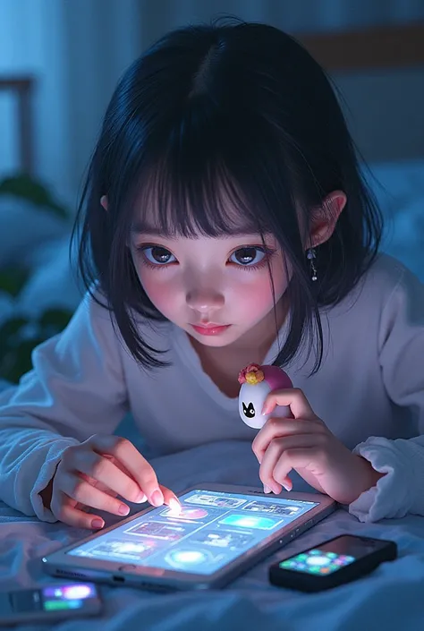 Images of the same girl in relation to electronics with an anime figure 