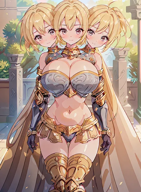 (masterpiece),(ultra-detailed), (high quality), (high resolution), (best quality:1.5, highres, UHD), highres, absurdo, ultra detail, ultra quality, (3heads:1.5), 1girl, ((golden blonde hair)), thighs, (gray armor), female warrior, (open belly), (open breas...