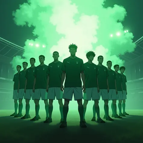 a extreme wideshot from Eleven badass anime soccer players in a line frontside the viewer, they stand inside a green-white explosion, the viewer is far away from the scene, They wearing in green jerseys and white shorts, they faces are hiding in the shadow...