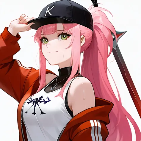 white woman with long pink hair, Black sport cap with red details, green eyes and a slightly square shaped face, light smile, wearing a New York Yankees Black and red jacket and a white tank top (She IS few sweat), she is in a night city with colorfull pai...