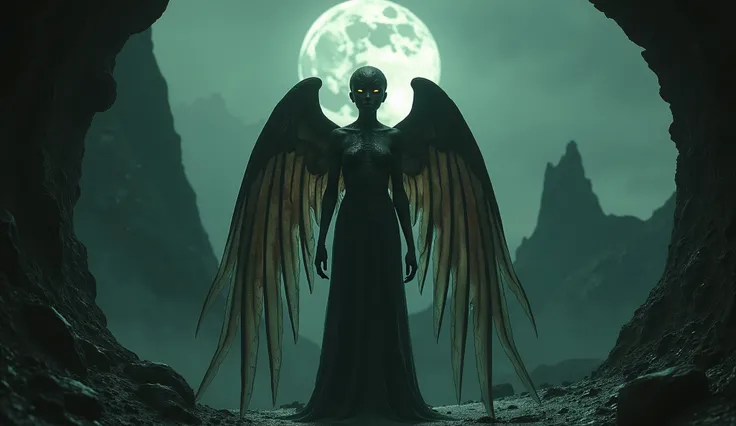 nuclear silo,black copper goddess of nature of Silent Hill,A charming and fascinating creature with other worldly forms  , once pretty,big perfect wings, pretty face,eyebrow up,full body shot,ominous landscape,master of shadow,at puny silo,extremely detail...