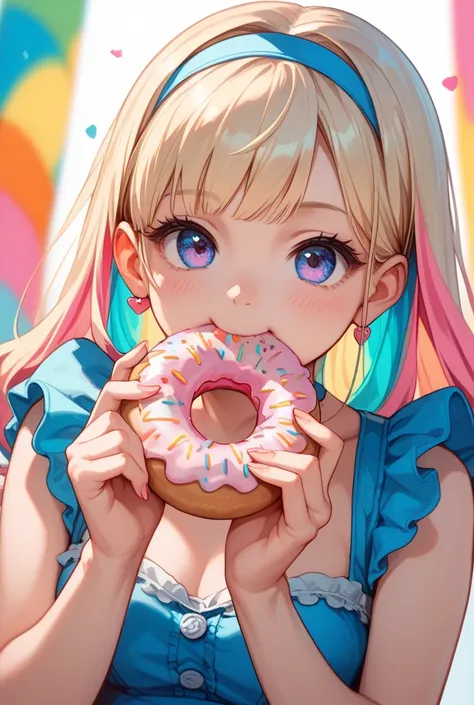 POP, colorful, thick line drawing, anime style, cute girl, Alice clothes, eating donuts