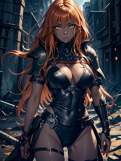 ((DARK FANTASY COLORING, DARK COLOR PALETTE, SORROW LIGHTING))
((masterpiece, best quality, uhd, detailed, detailed eyes)), (1girl, anime girl in the abandoned city),(mature, dark skin), (solo, upper body, half body, portraits), (female focus, yellow eyes ...