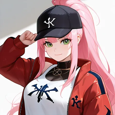 white woman with long pink hair, Black sport cap with red details, green eyes and a slightly square shaped face, light smile, wearing a New York Yankees Black and red jacket and a white tank top, she is in a night city with colorfull paints backhround. is ...