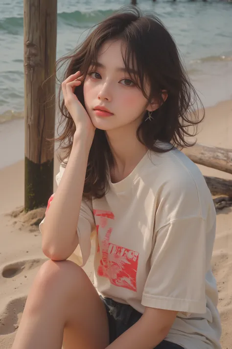 ​masterpiece、8K、32K、top-quality、(A detailed eye)、(A cute Japanese woman、bangss)、23years old、1 girl in、elegent、(Detailed background depiction、portlate:1.2)、(Beach:1.3)、Compression T-shirt)、hands on one's face、plump tits