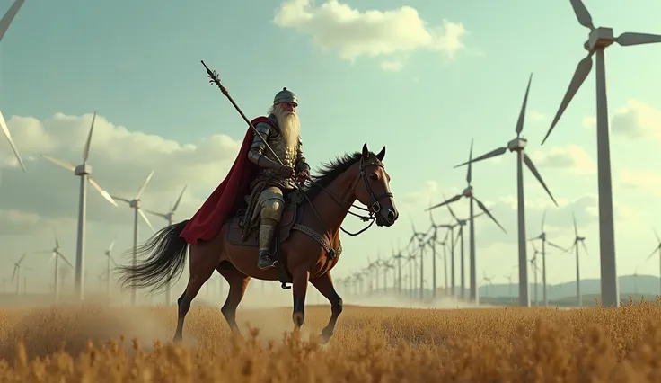 Don Quixote,  thin old man with a white beard ,  armor and helmet ,  holding a spear, riding a horse in a wind farm full of wind turbines.  high quality 8K .