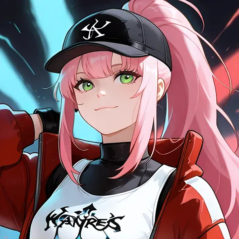 white woman with long pink hair, Black sport cap with red details, green eyes and a slightly square shaped face, light smile, wearing a New York Yankees Black and red jacket and a white tank top, she is in a night city with colorfull paints backhround. is ...